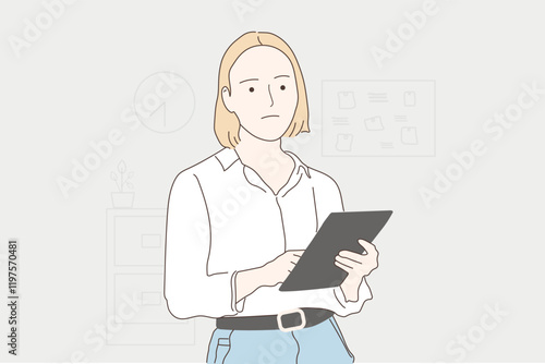 Tired woman working overtime. Hand drawn style vector design illustrations.