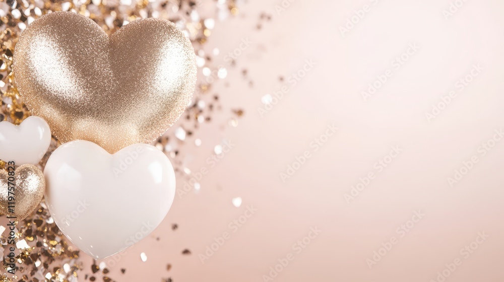 Fototapeta premium A vibrant display of balloons and hearts floats gracefully against a shimmering gold background, capturing the essence of love and celebration.