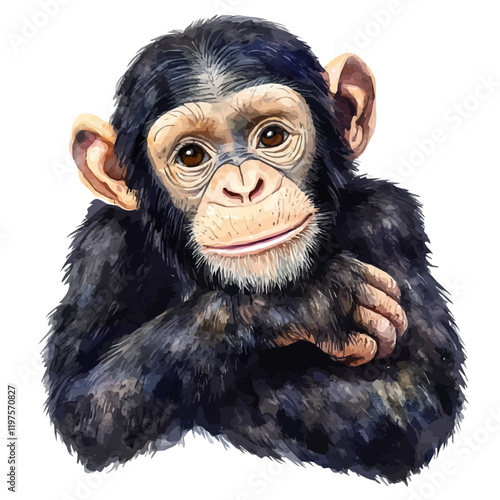 A watercolor of a chimpanzee, isolated on a white background. Chimpanzee vector.
