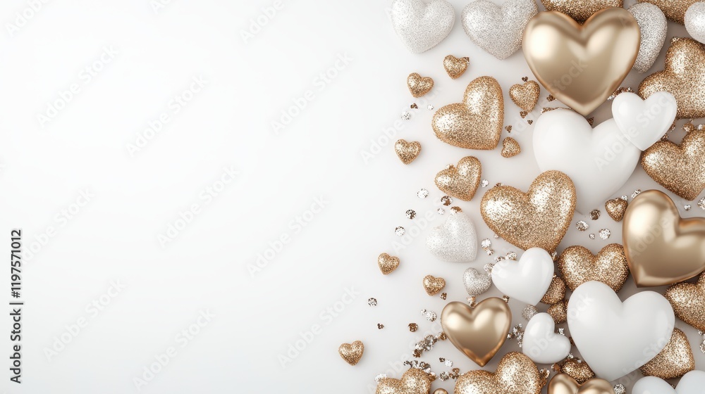 A whimsical display of vibrant hearts intertwined with shimmering gold and white balloons, creating a romantic atmosphere against a pristine background. A whimsical display of vibrant hearts intertwined with shimmering gold and white balloons, creating a romantic atmosphere against a pristine background.