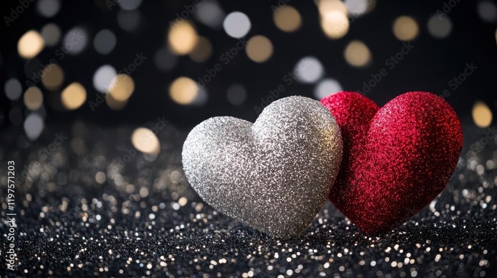 Obraz premium Two shimmering hearts rest on a sleek black surface, surrounded by a sparkling backdrop that captures the essence of love and celebration.