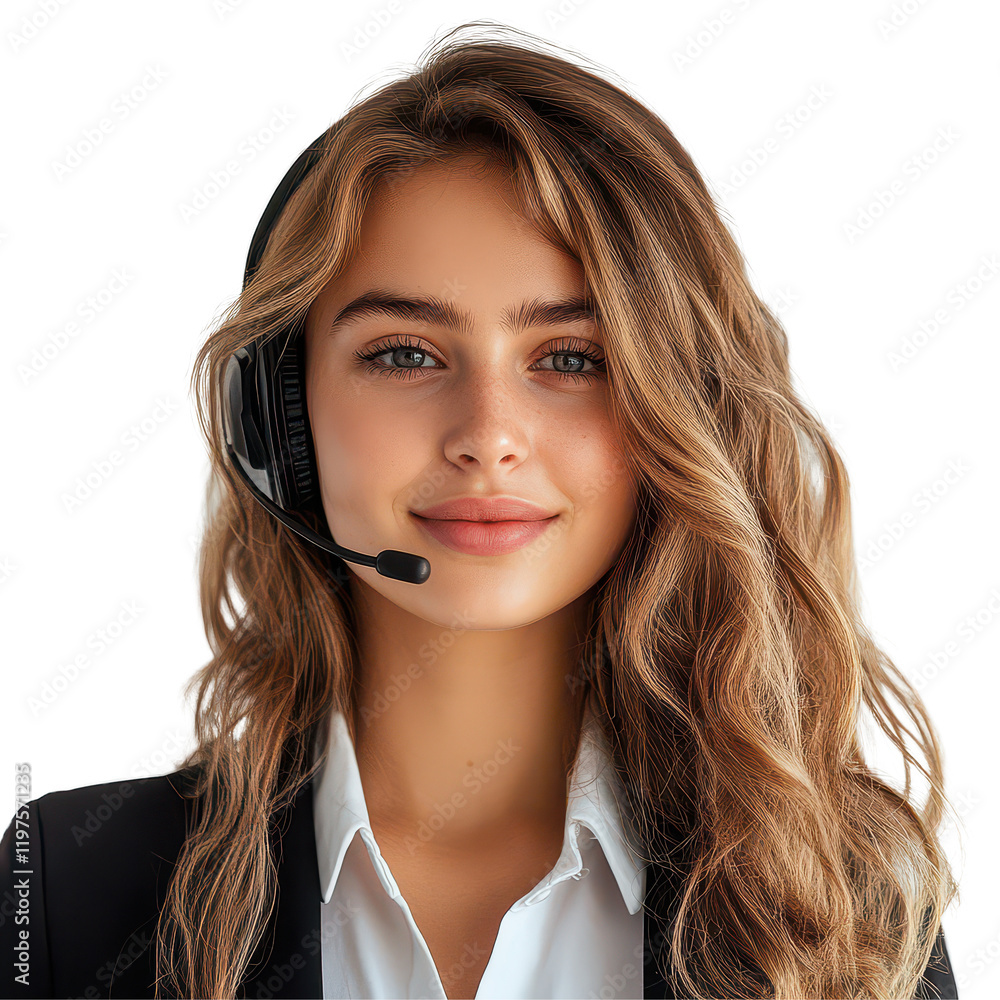 A young customer service agent provides assistance with a friendly smile in a bright, modern office setting, Beautiful young customer service agent, transparent background. A young customer service agent provides assistance with a friendly smile in a bright, modern office setting, Beautiful young customer service agent, transparent background.