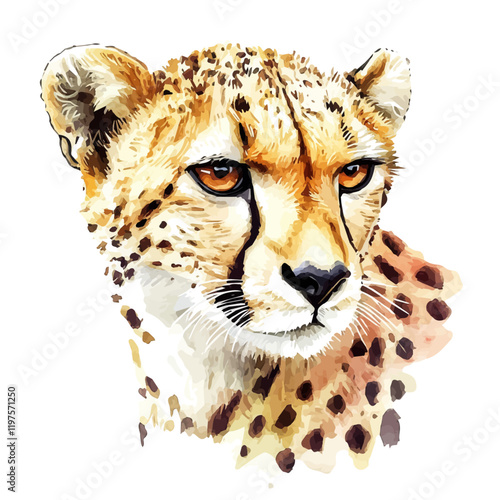 A watercolor of a cheetah, isolated on a white background. Cheetah vector.

