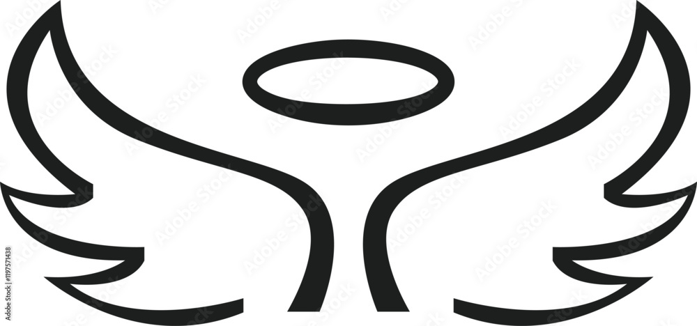 Simple black and white drawing of angel wings rising, with halo, representing spirituality, purity, hope, love, and religious themes, suitable for various design projects