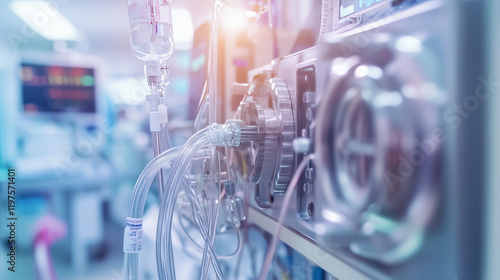 Kidney dialysis machine in use with a patient’s arm connected to the machine in a hospital room 