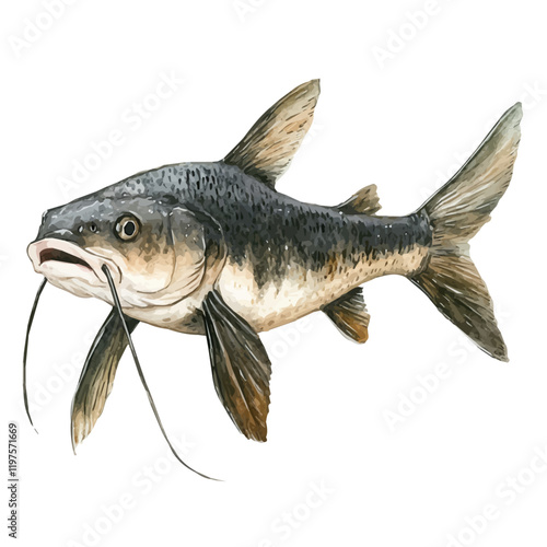 A watercolor of a catfish with barbels, isolated on a white background. Catfish vector.

