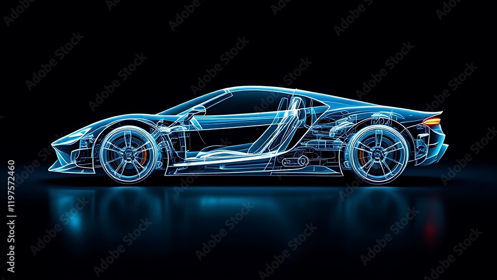 Detailed blueprint of a high-tech sports car with intricate internal components and futuristic design Detailed blueprint of a high-tech sports car with intricate internal components and futuristic design