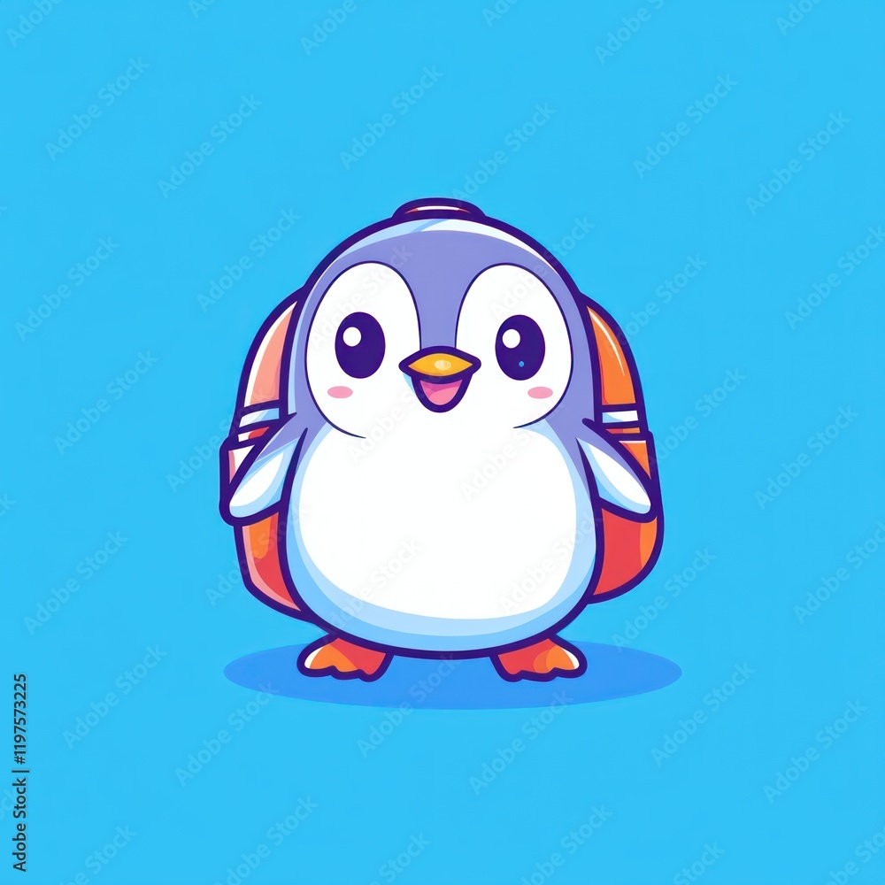 Obraz premium Happy penguin backpack, adventure, background blue, child illustration