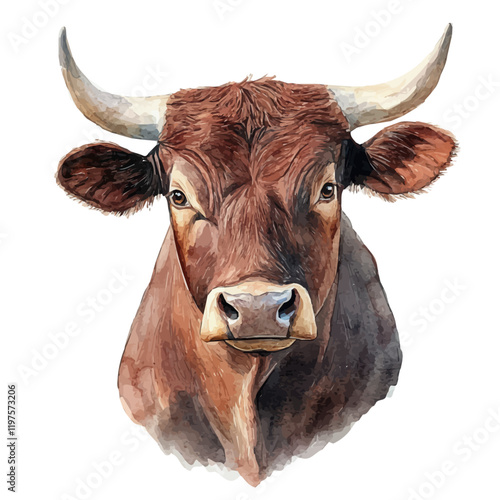 A watercolor clipart of a bull, isolated on a white background. Bull vector.
