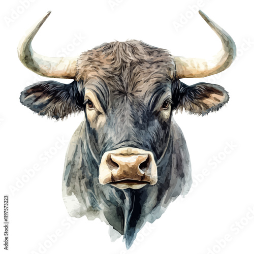 A watercolor clipart of a bull, isolated on a white background. Bull vector.
