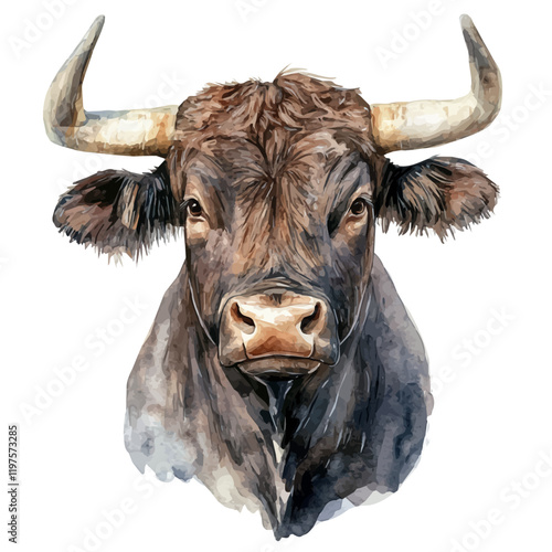 A watercolor clipart of a bull, isolated on a white background. Bull vector.
