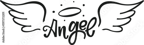 Hand drawn angel wings and halo symbolize divine presence, spirituality, and innocence, creating a celestial atmosphere with a touch of elegance