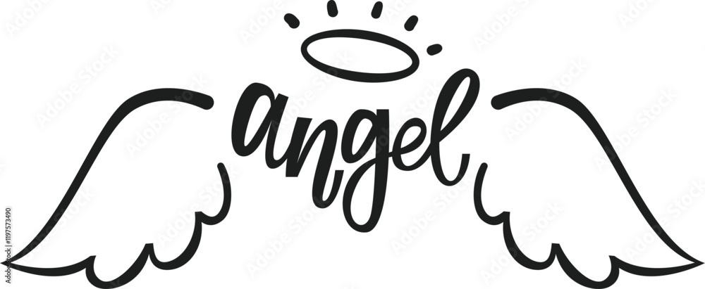 Hand drawn angel wings and halo, accompanied by the elegantly floating word angel, symbolize spiritual beings and divine messengers, embodying purity, love, and hope Hand drawn angel wings and halo, accompanied by the elegantly floating word angel, symbolize spiritual beings and divine messengers, embodying purity, love, and hope