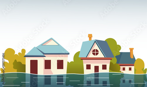 Illustration of houses submerged in floodwater, depicting the aftermath of a natural disaster