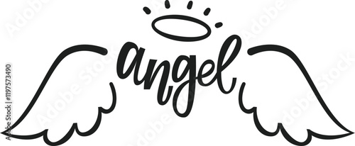 Hand drawn angel wings and halo, accompanied by the elegantly floating word angel, symbolize spiritual beings and divine messengers, embodying purity, love, and hope