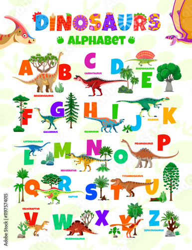 Kids dinosaur alphabet featuring names of dino animal species for the letter. Cartoon vector prehistoric abc for children education, promoting learning and fun interaction with prehistoric creatures