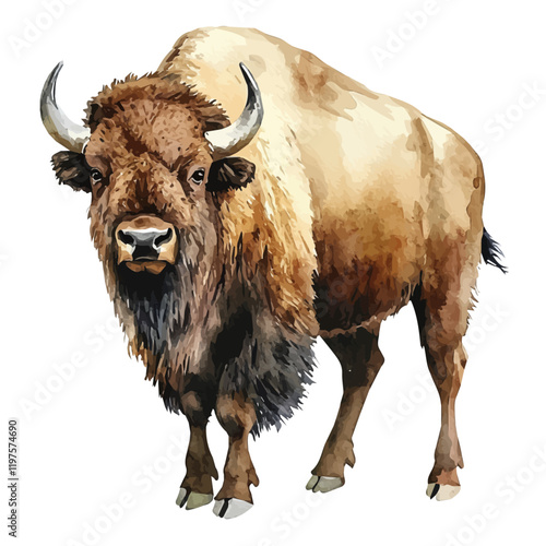 A watercolor painting of a bison, isolated on a white background. Bison vector.
