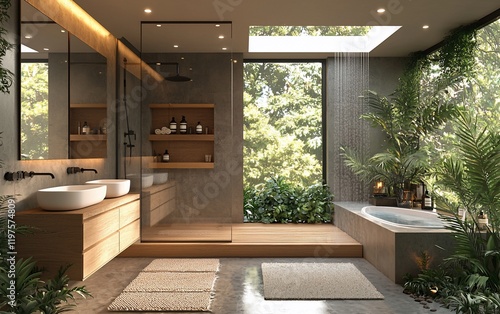 Wallpaper Mural Luxurious modern bathroom with rainforest shower, bathtub, and natural elements. Torontodigital.ca