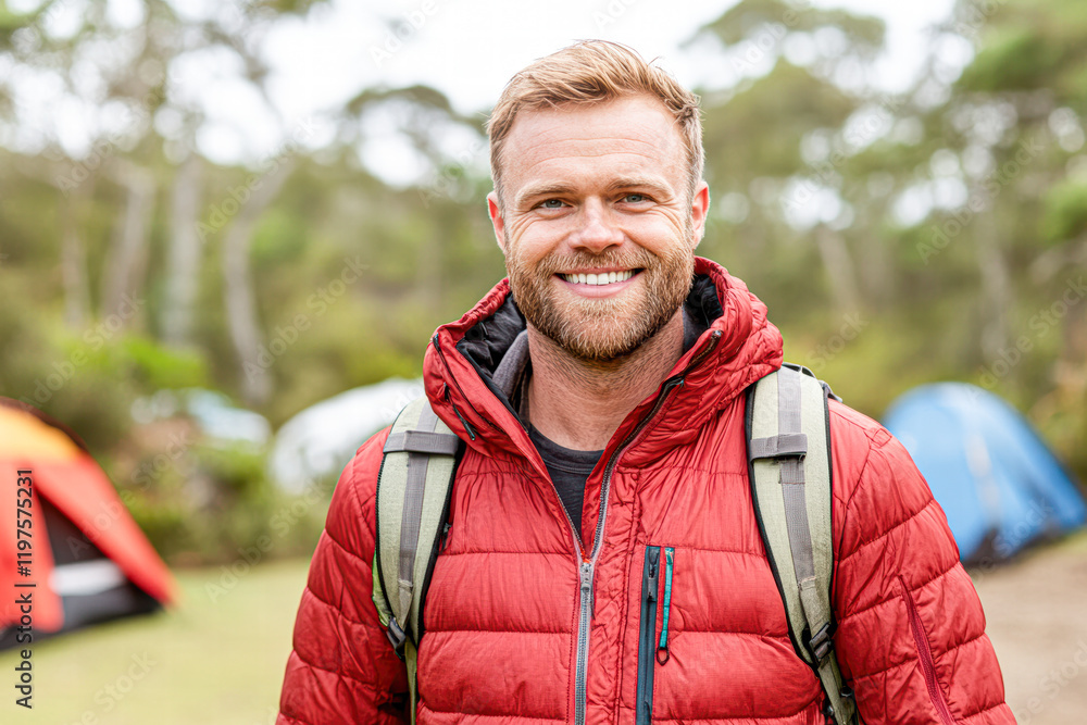 Outdoor adventure enthusiast smiling in camping setup nature portrait daytime Outdoor adventure enthusiast smiling in camping setup nature portrait daytime