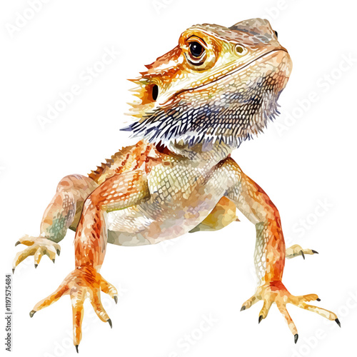 A watercolor of a bearded dragon, isolated on a white background. Bearded dragon vector.
