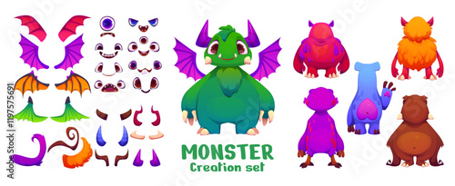 Cartoon monster creation kit, funny evil character constructor featuring body parts, includes eyes, wings, tails and horns, facial expressions and figure shapes to create unique and playful monster