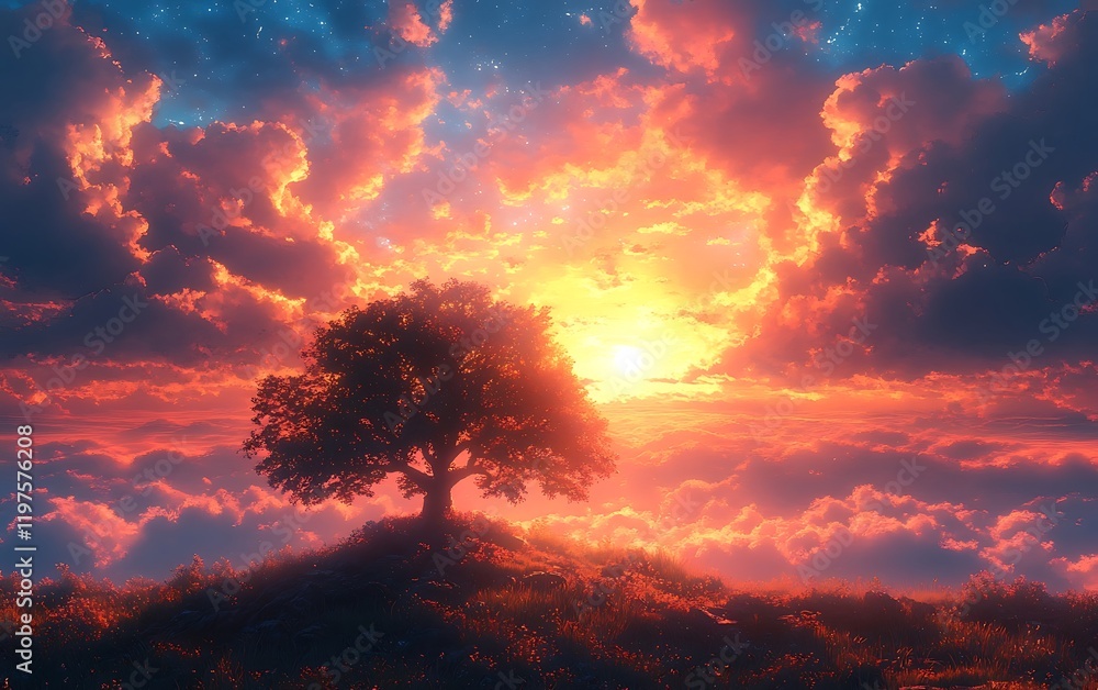 Fototapeta premium Solitary Tree Hilltop Sunset Landscape