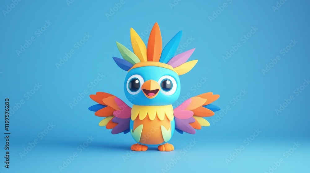 Naklejka premium A colorful, cartoon-style bird character with vibrant feathers and a joyful expression against a blue background.