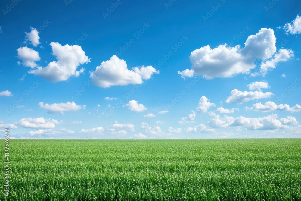Expansive green field under a bright blue sky with fluffy clouds during a sunny day. Generative AI Expansive green field under a bright blue sky with fluffy clouds during a sunny day. Generative AI