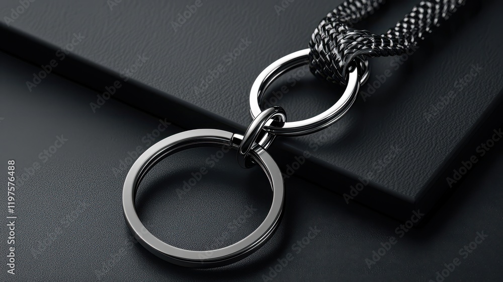 Fototapeta premium Elegant Black Necklace with Smooth Silver Ring and Woven Chain