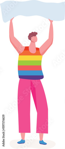 Young man wearing rainbow colored t shirt holding blank banner promoting LGBTQ plus community rights and freedom, fighting for equality and tolerance, participating in pride parade