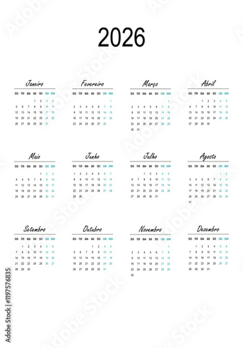 Calendar 2026 in portuguese language. Week start on Monday. Vector graphic.	
