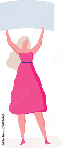Young blonde woman in a pink dress holding a blank banner high above her head, passionately protesting for equal rights and advocating for human freedom in a demonstration