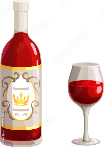Red wine alcohol bottle and glass showcasing deep red tones and a regal crown label. Isolated vector alcohol drink flask and wineglass evoke elegance, and sophistication, representing premium wine