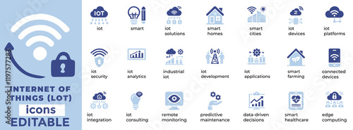 Internet of Things (IoT) vector icons for smart devices, IoT platforms, sensors, connectivity, analytics, and innovation
