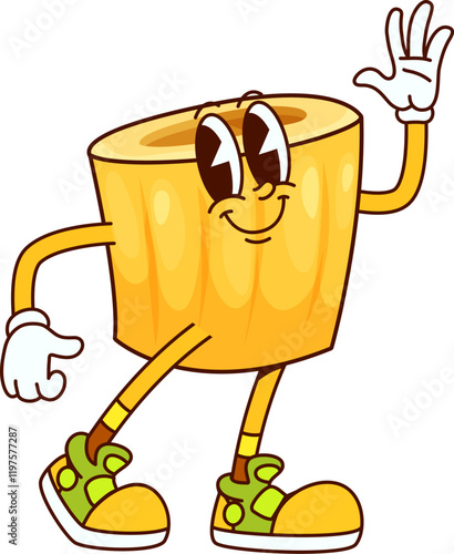 Ditalini Italian pasta groovy cute character. Ditalini wheat gourmet, Italy cuisine menu pasta groovy personage or Italian restaurant tasty noodle funky isolated vector character or happy mascot