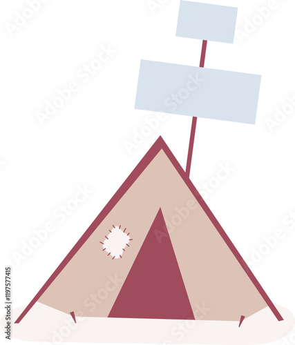 Minimalist vector illustration featuring a camping tent with two blank signs attached to a pole and a patched hole, set against a clean white background, ideal for outdoor themes