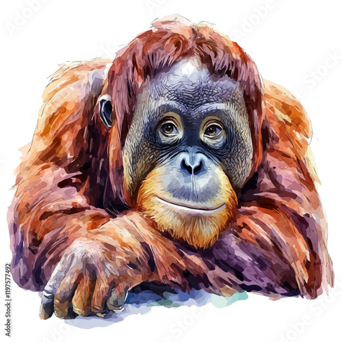 A watercolor painting of an orangutan, isolated on a white background. Orangutan vector.
