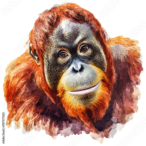 A watercolor painting of an orangutan, isolated on a white background. Orangutan vector.
