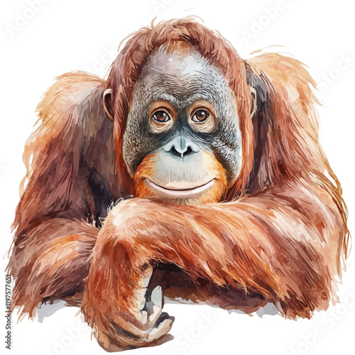 A watercolor painting of an orangutan, isolated on a white background. Orangutan vector.

