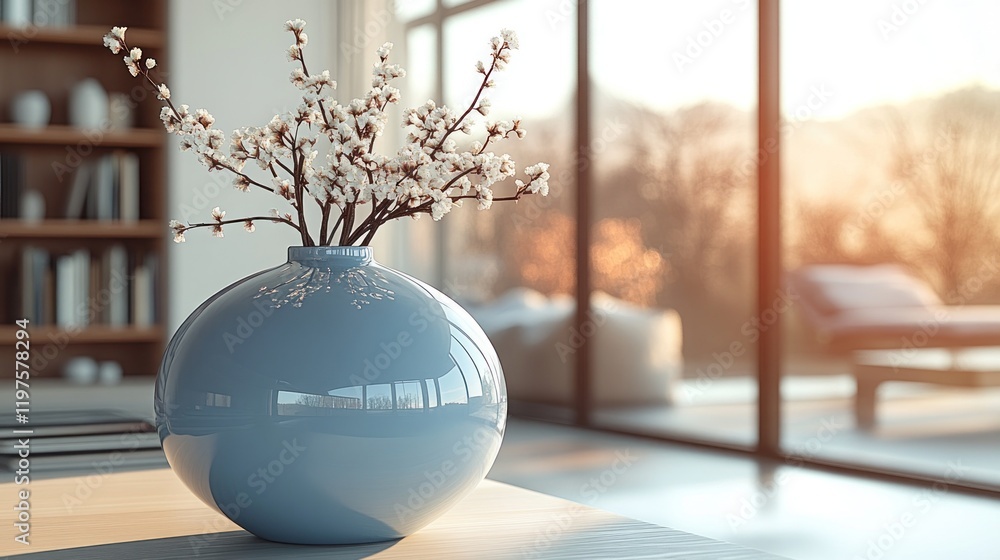 Blue vase with spring blossoms sits on a table in a modern living room with large window and sunset view. Blue vase with spring blossoms sits on a table in a modern living room with large window and sunset view.