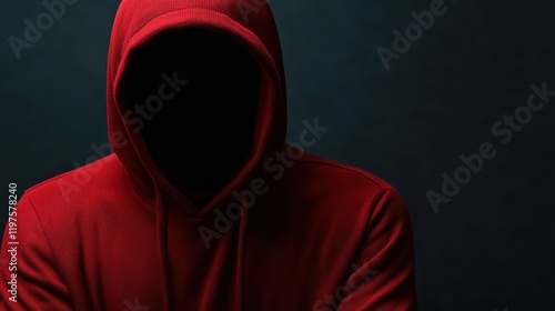 Mysterious figure in a red hoodie against a dark background with a hidden identity photo