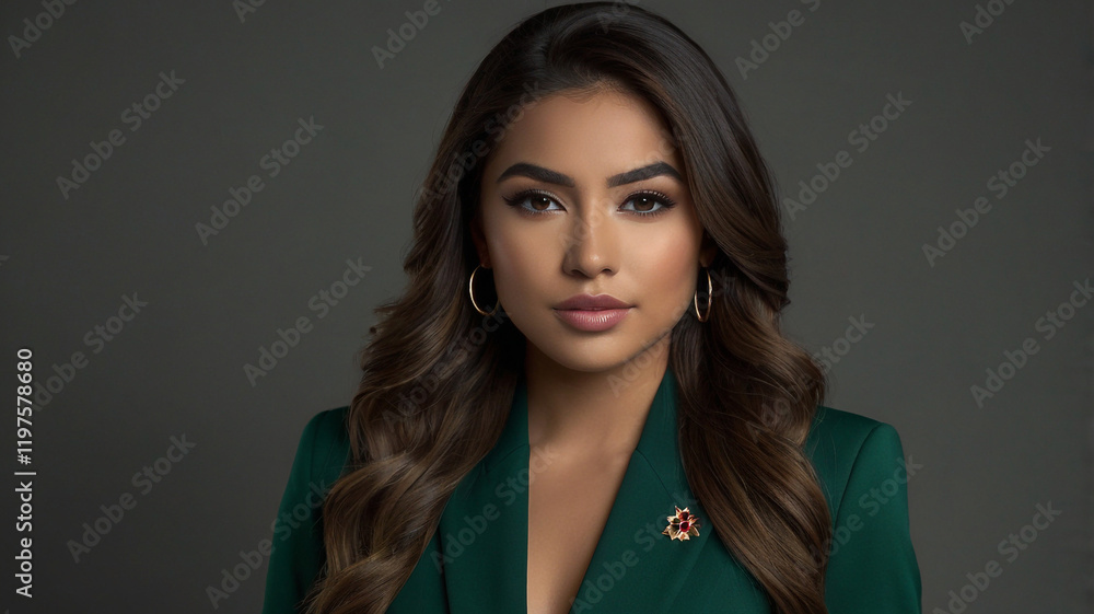 portrait of a latina american mexican professional woman tv news presenter long hair wearing green woman dressed elegantly formal on a white background portrait of a latina american mexican professional woman tv news presenter long hair wearing green woman dressed elegantly formal on a white background