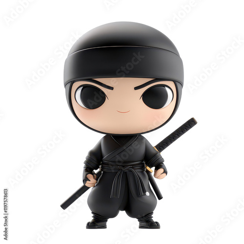 Cartoon ninja character with sword stands confidently against a transparent background, showcasing a playful design, 3D Cartoon Ninja Characters on transparent background photo