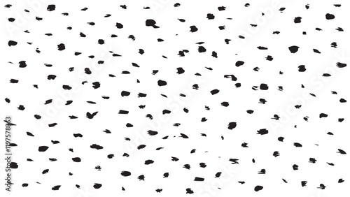 Abstract white background with black spots drawn by hand, pattern with black prints drawn in ink, imitation of snowfall, grunge style, New Year texture for print, wrapping paper, design, gift