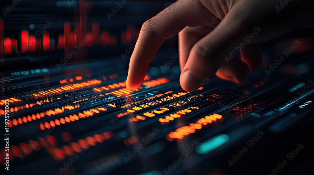 Data Analysis Action Hand Pointing at Key Insights on Touchscreen Interface Digital Workspace Data Analysis Action Hand Pointing at Key Insights on Touchscreen Interface Digital Workspace