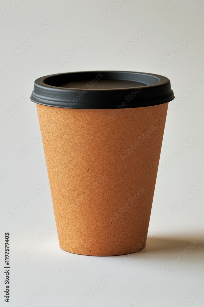 Reusable paper cup with black lid for hot beverages on neutral background Reusable paper cup with black lid for hot beverages on neutral background