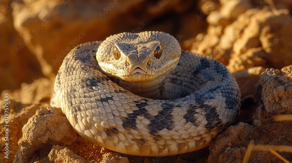 Obraz premium Desert viper coiled, facing camera, in rocky terrain.
