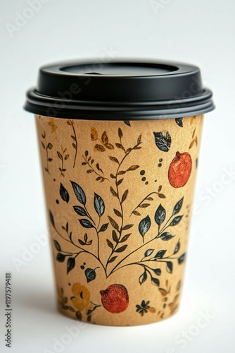 Decorative takeout cup featuring floral design and natural colors photo