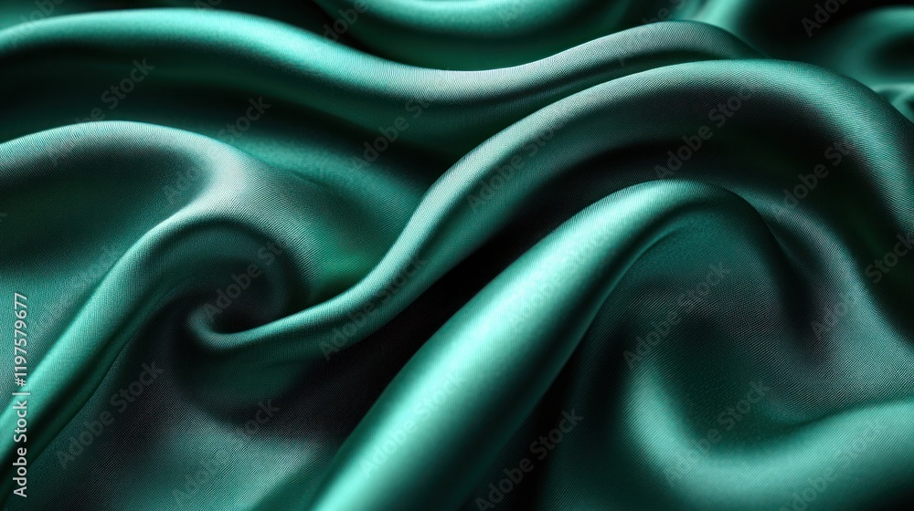 Obraz premium Teal silk fabric with soft, flowing waves and folds, showcasing its luxurious texture and sheen.