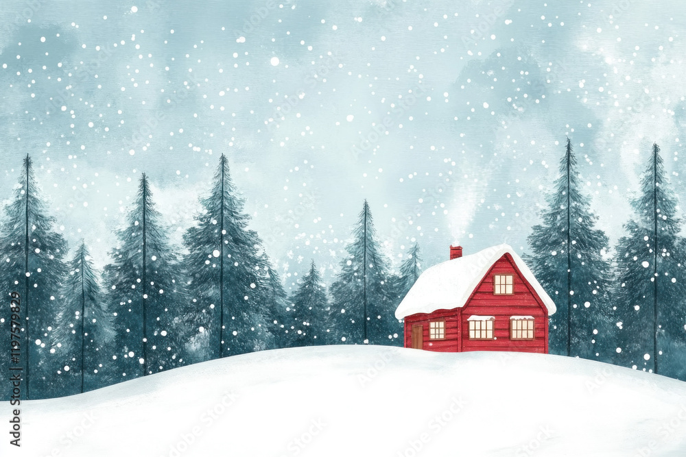 Naklejka premium Red house nestled in winter snow; trees stand tall in the backdrop.